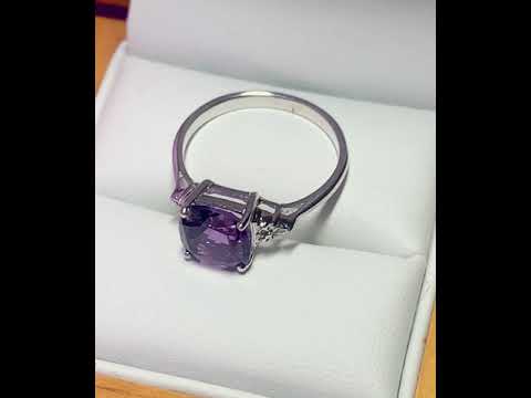 Cushion shaped amethyst and diamond sterling silver fancy dress cocktail ring