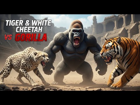 Gorilla vs Tiger & White Cheetah – The Ultimate AI Jungle Battle in Ruined Stadium!