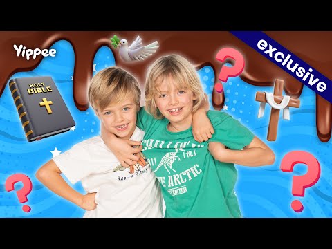 Two smiling boys with arms around each other in a colorful, Bible-themed thumbnail for a kids' video.