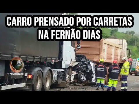 Duas pessoas perdem a vida após carro ser prensado por carretas em Itaguara na Fernão Dias