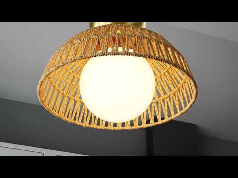 Woven Rattan Dome Pendant Light With White Glass Shade