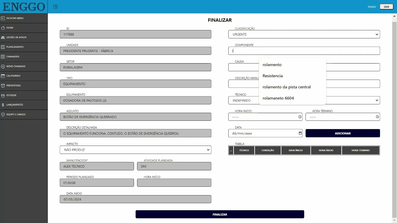 Encerrar uma ordem de serviço