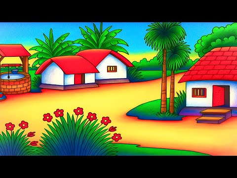 How to draw easy scenery drawing of nature beautiful village house drawing easy step by step