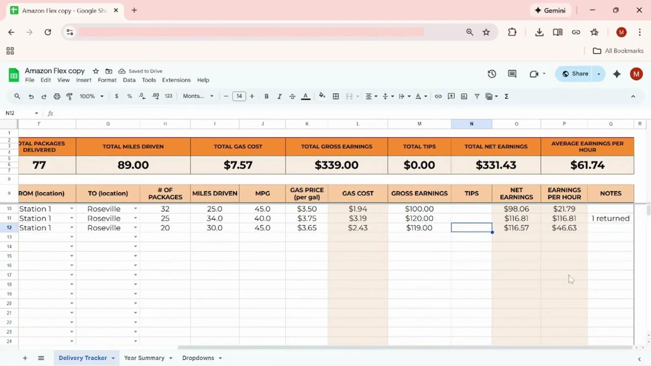 Amazon Flex Mileage and Income Tracker Spreadsheet