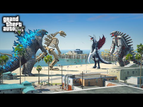 Godzilla, Skeleton Godzilla vs. Mechagodzilla, Millennium Gigan ( GTA V Mods )