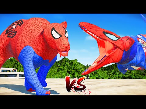 (Jurassic World Evolution🌍)SpiderMan Smilodon vs Captain SpiderMan Mosasaurus Dinosaurs Fight