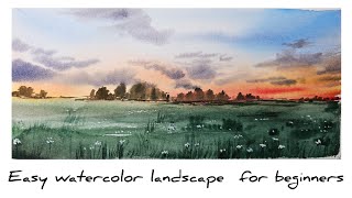 Step by step watercolor landscape tutorial for beginners/ watercolor sunset