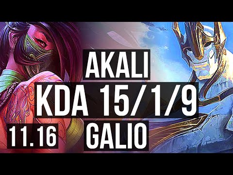 AKALI vs GALIO (MID) | 15/1/9, 500+ games, Legendary | EUW Diamond | v11.16