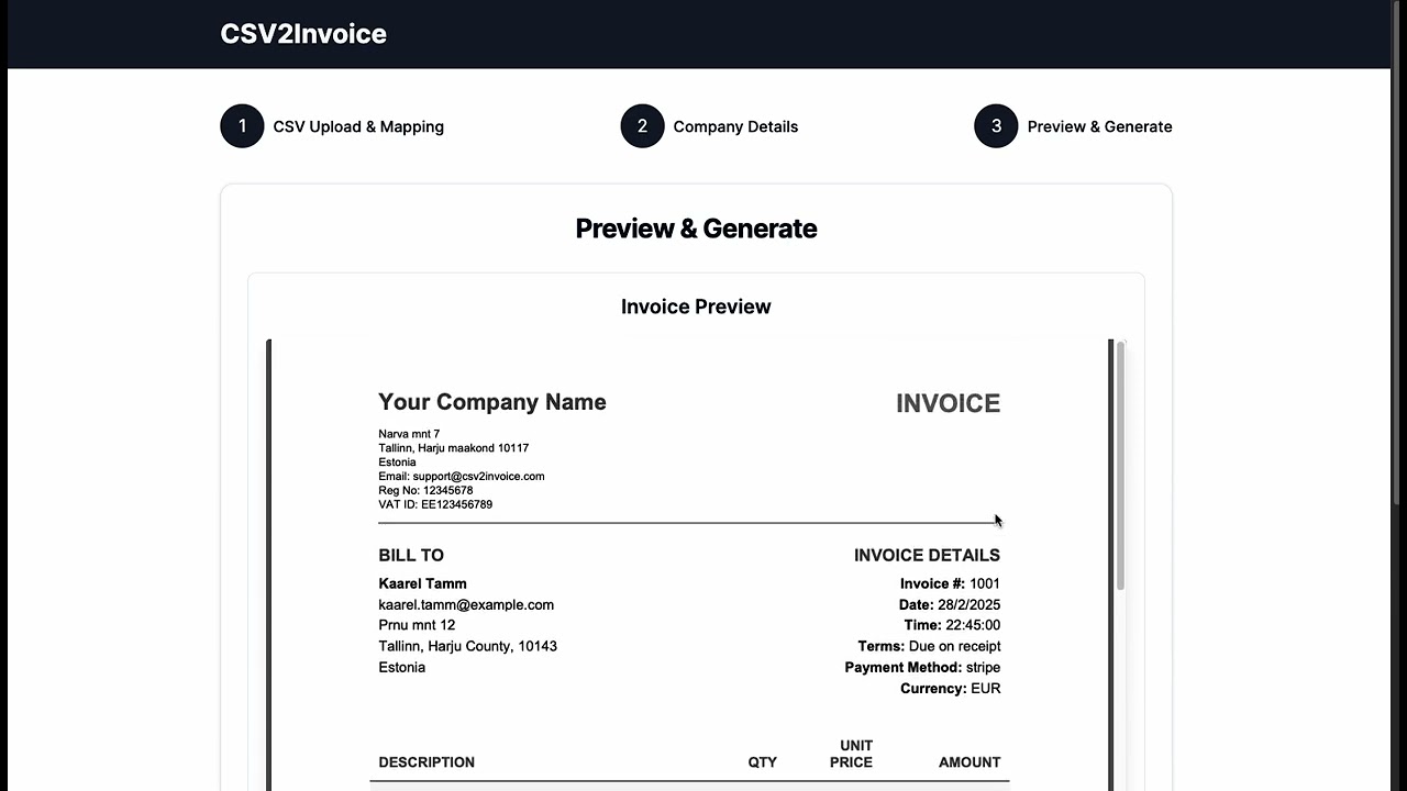 CSV2Invoice demo video CSV2Invoice demo video
