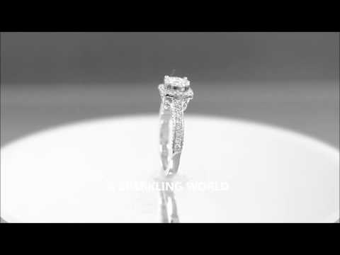 14k White Gold Round Cut Diamond Engagement Ring Art Deco Prong Set Halo 0.72ctw - ASW - 1016N