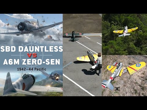 Giant RC Douglas SBD Dauntless vs Mitsubishi A6M Zero Fighter dogfight crash