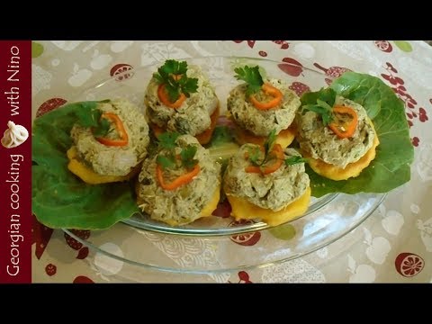 Leek and walnut salad fingerfood style - Georgian Fxali