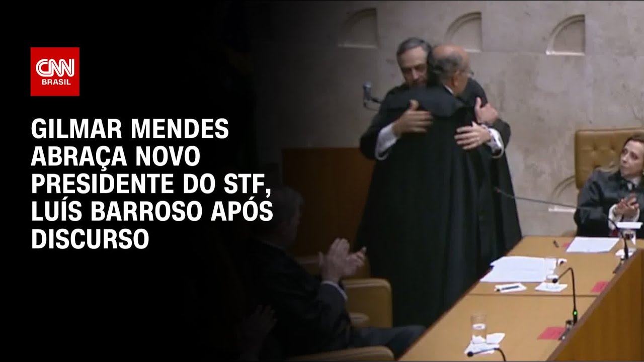 Gilmar Mendes abraça novo presidente do STF, Luís Barroso, após discurso | CNN 360º