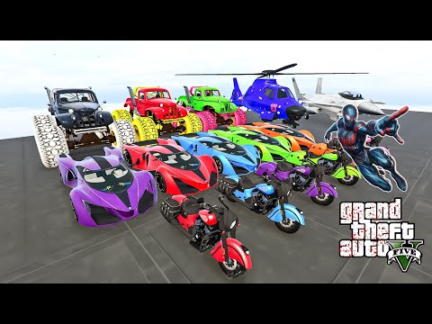 SPIDERMAN CARS MARIO Ramp JUMP Challenge ! SUPERHERO HULK IronMan Trevor and Friends Stunt - GTA V