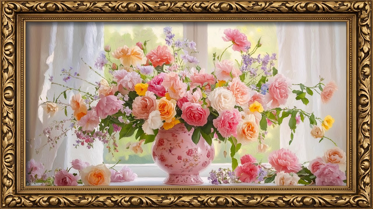 Romantic Spring Florals | Vintage Pink Vase Valentine Gallery | Relaxing Music | Frame TV Art 4K