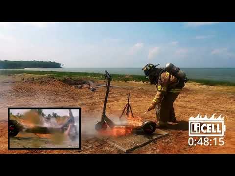 LiCell AVD lithium battery fire extinguisher used on scooter lithium battery fire demonstration