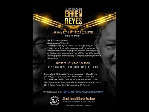 Efren Reyes Benefit 9 Ball Tournament at Street Lights Billiards Academy