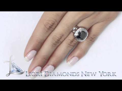 BDR-SOLD-066 - 4.32 Carat Cushion Cut Black Diamond Engagement Ring 14k Gold Hand Hammered Ring