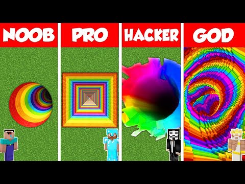 Minecraft Battle: NOOB vs PRO vs HACKER vs GOD: RAINBOW TUNNEL PIT HOUSE BUILD CHALLENGE / Animation