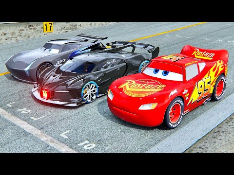 Lightning McQueen vs Bugatti Black Devil VGT vs Jackson Storm at Top Gear Track
