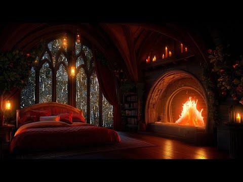 Fall asleep in a Cozy Castle Room Haven - 12 Hours of Rain, Thunder &  Fireplace Sounds