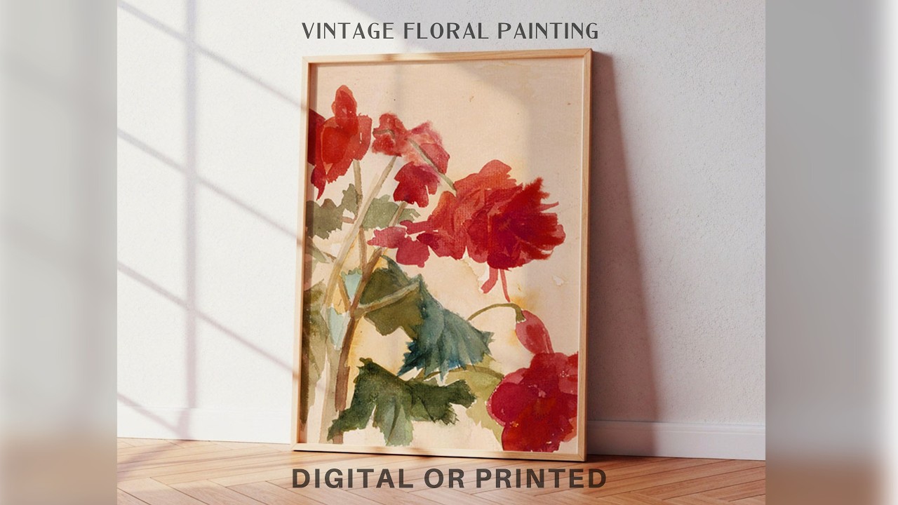 Vintage Floral Wall Art | Red Flower Abstract Painting Print | Romantic Watercolor Fine Art