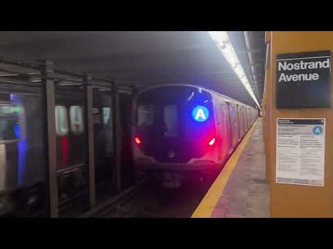 Two R211A (A) express trains entering and leaving Nostrand Avenue, in Brooklyn.