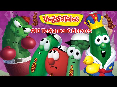 VeggieTales: Old Testament Heroes cover with cartoon vegetable characters posing on a purple background.