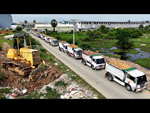Huge Size Start a New Landfill Project! Using Dump Truck 5Ton & Skill Dozer Komat’su Pushing Soil