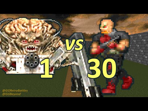 Spider Mastermind vs 30 Sergeants - Monster Infighting - Doom Retro Battles