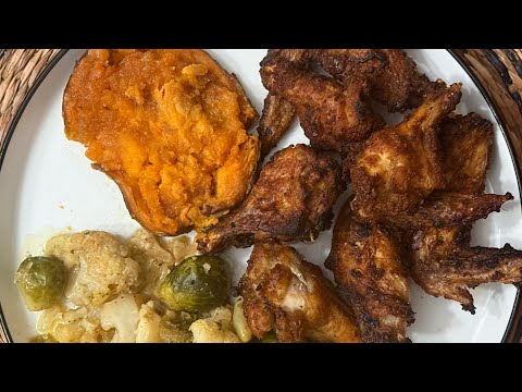 Crispy Air Fried Wings & Cauliflower/Brussel sprout Stir Fry!