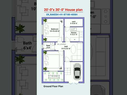 20x30 house plan with car parking, 2bhk 20' by 30' home plan, 20*30 house design, house map #shorts