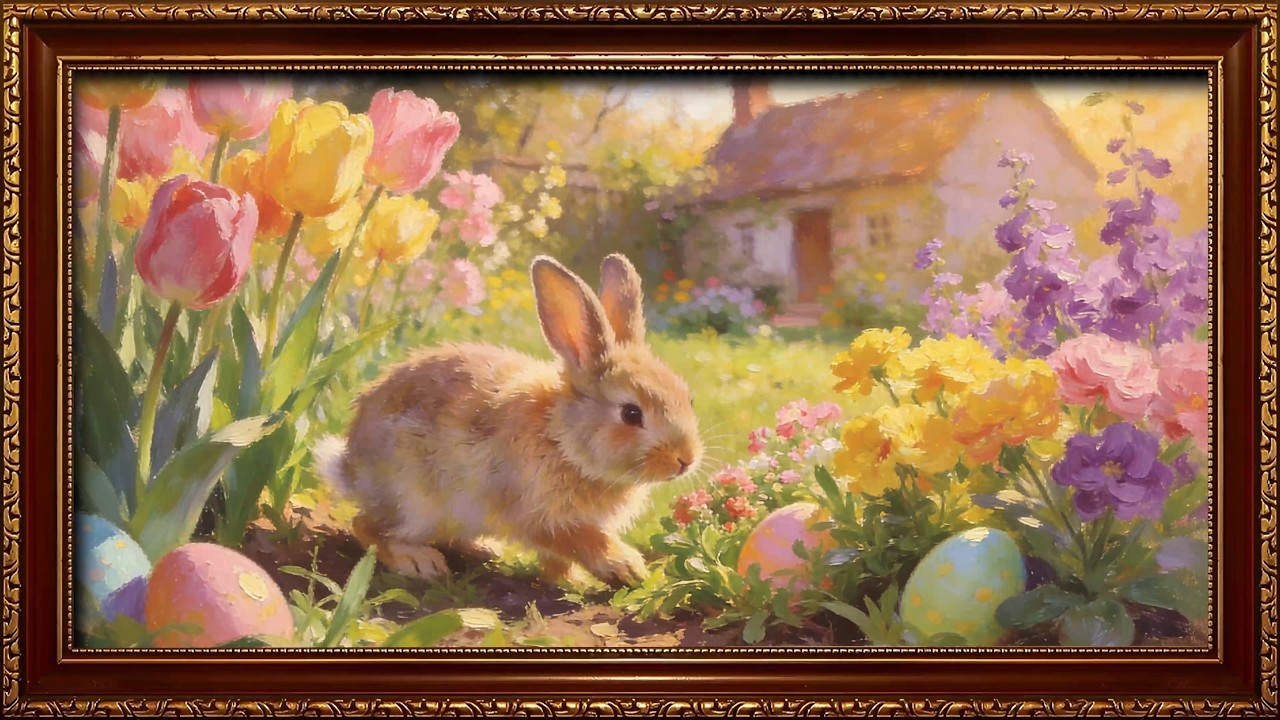 Vintage Easter Egg Bunny and Spring Flowers, Oil Painting | Framed TV Art Screensaver