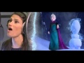 Idina Menzel recording "Let it Go" and Kristen Bell recording "For the First Time in Forever"