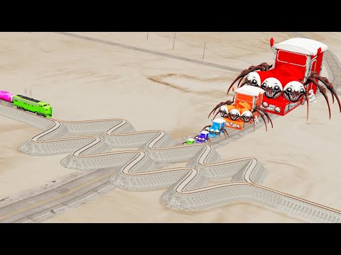 Choo Choo Charles Train Triple Head Big & Small Vs Overlapping Rail Tracks Vs Train - BeamNG.Drive