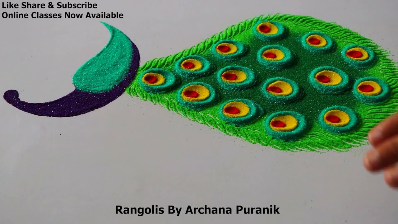 peacock rangoli design for beginners tutorial videos by archana puranik