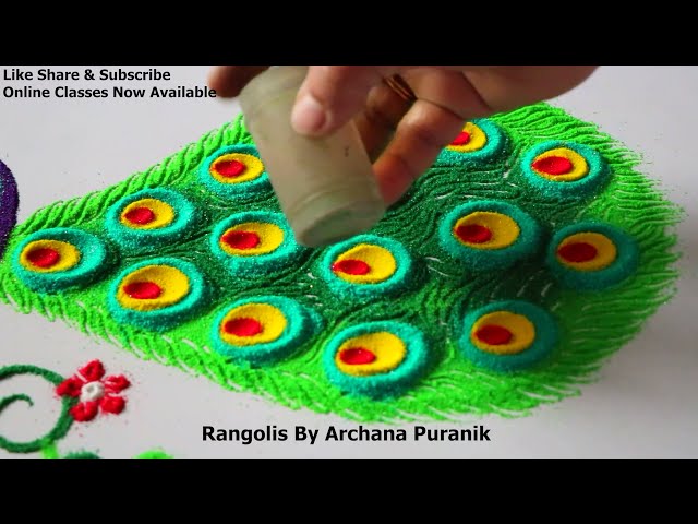 Peacock rangoli design for beginners tutorial videos by archana puranik