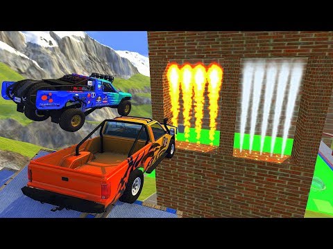 High Speed Jump Through FIRE Wall Or FREEZE Smoke Gas Wall In Green Slime Pool - BeamNG drive