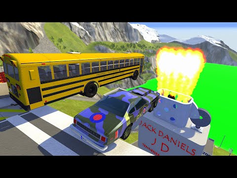 Crazy Vehicle High Speed Jumping through Lighter FIRE In Green Slime Water - BeamNG drive Jumps