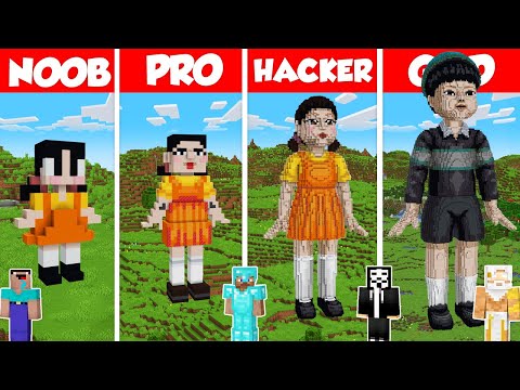 Squid Game Doll Build Battle Challenge - Noob vs Pro vs Hacker vs God - Minecraft Animation