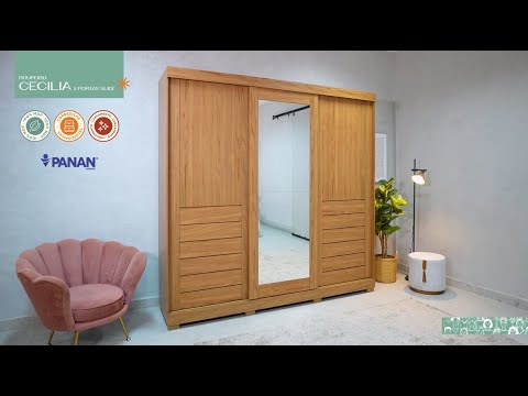 Video thumbnail of Guarda Roupa Casal com Espelho e Pés 3 Portas de Correr 100 MDF Cecilia Slide Panan