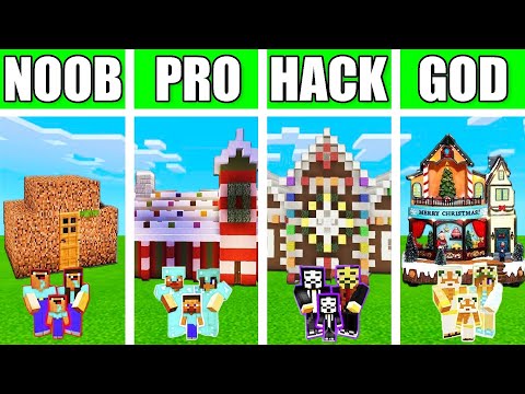 Minecraft: FAMILY SANTA CLAUS HOUSE BUILD CHALLENGE - NOOB vs PRO vs HACKER vs GOD in Minecraft