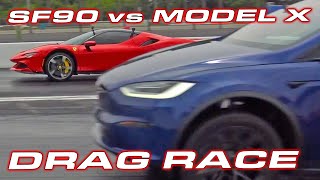 1,000 HP BATTLE * SF90 vs MODEL X * World's Quickest Ferrari races the Tesla Model X Plaid by DragTimes