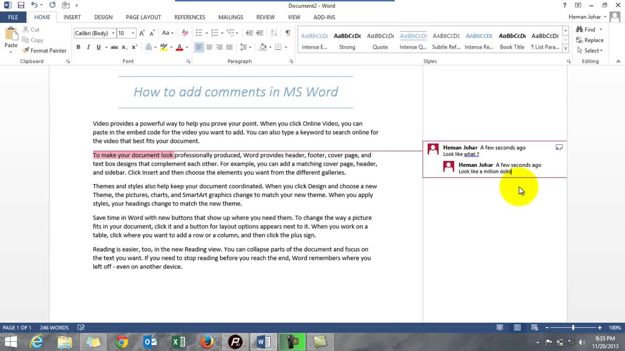 Insert Comment In MS Word English