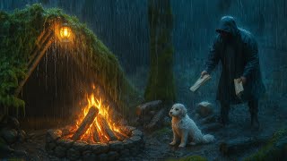 Camping in the heavy rain with my dog:  Setting up the  cozy shelter-The sound of rain