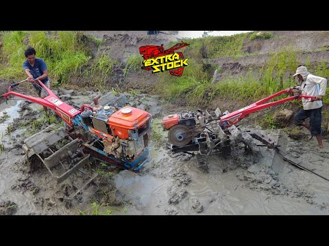 Compact young driver and senior hand tractor cultivating narrow land