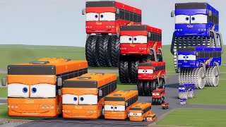 Big & Small Bus Lightning Mcqueen vs Monster Truck vs Saw Monster Truck vs Train | BeamNG.Drive