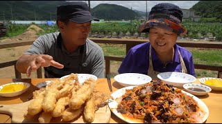 보양식 통인삼튀김과 직접 농사진 채소로 만든 비빔국수(Fried korean ginseng& Spicy noodles) 요리&먹방!! - Mukbang eating show