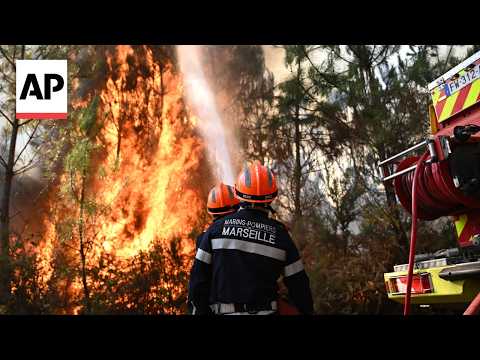 Video Thumbnail: French firefighters continue to battle wildfires in forests west of Bordeaux