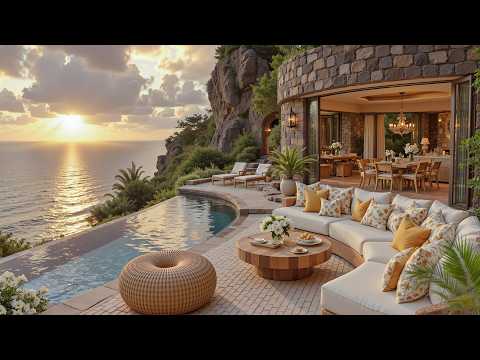 Elegant Seaside Ambience With Soft Jazz Music | A Relaxing Lounge Space & Gentle Waves For Unwind...